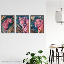 Artery8 Set of 3 Pink Tiger Leopard Lion Gold Teal Jungle A4 Size Art Prints - thumbnail 3