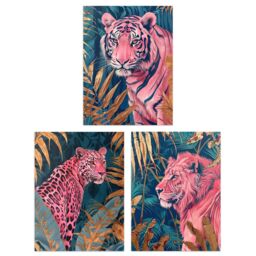 Artery8 Set of 3 Pink Tiger Leopard Lion Gold Teal Jungle A4 Size Art Prints - thumbnail 1
