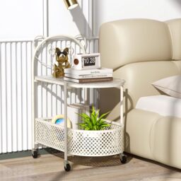 Costway Mobile Glass Coffee Table 2-Tier Modern Cocktail Table-White in White - thumbnail 6
