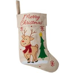 tectake Christmas Stocking - With Reindeer Graphic, Jute Look & Hanging Loop in Beige
