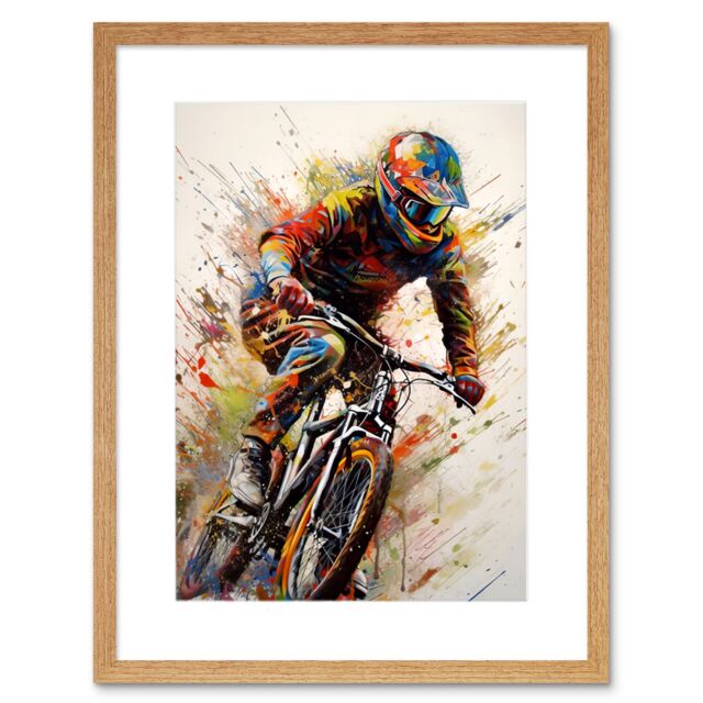 "Artery8 Wall Art Print Mountain Biker Portrait Splat Paint Action Shot Artwork Framed 9X7 Inch in Beige - Size: W7"" x H9""" - image 1