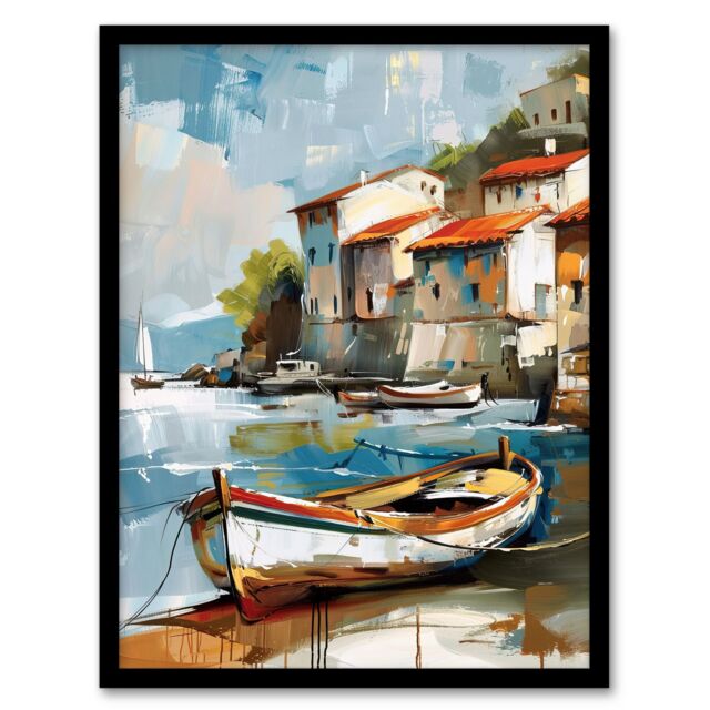 Artery8 Fishing Village Oil Painting Boats Coastal Summer Framed Art Print in Blue - Size: A4 - image 1