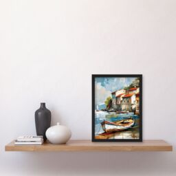 Artery8 Fishing Village Oil Painting Boats Coastal Summer Framed Art Print in Blue - Size: A4 - thumbnail 4