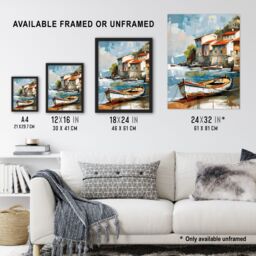 Artery8 Fishing Village Oil Painting Boats Coastal Summer Framed Art Print in Blue - Size: A4 - thumbnail 3
