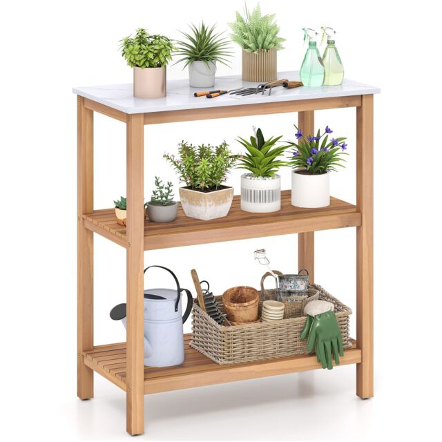 Gymax Patio Garden Potting Bench Table 3-Tier Wood Planting Workstation in Light Khaki - image 1