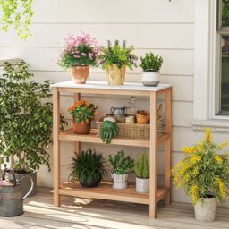 Gymax Patio Garden Potting Bench Table 3-Tier Wood Planting Workstation in Light Khaki - thumbnail 9