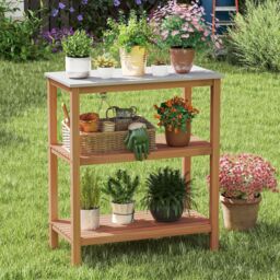 Gymax Patio Garden Potting Bench Table 3-Tier Wood Planting Workstation in Light Khaki - thumbnail 8