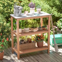 Gymax Patio Garden Potting Bench Table 3-Tier Wood Planting Workstation in Light Khaki - thumbnail 3