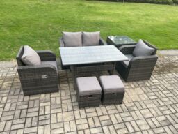 Fimous Outdoor Rattan Garden Furniture Lounge Sofa Set With Oblong Rectangular Dining Table 2 Small Footstool in Dark Grey - thumbnail 2