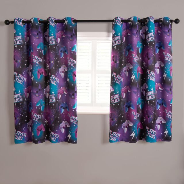 OHS Blackout Eyelet Curtains Gaming Panel Pair of Ring Top Ready Made in Black - Size: 117 cm width x 183 cm drop - image 1