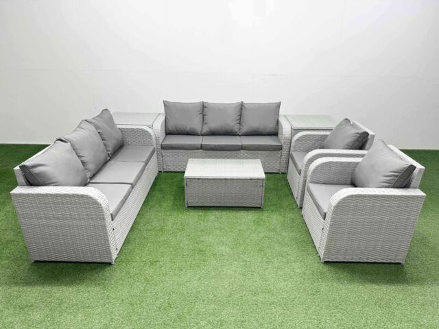 Fimous PE Rattan High Back Lounge Sofa Set Patio Coffee Table & Chairs Set with 3 Seater Sofa Reclining Chair 2 Side Table Light Grey - image 1