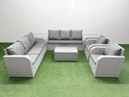 Fimous PE Rattan High Back Lounge Sofa Set Patio Coffee Table & Chairs Set with 3 Seater Sofa Reclining Chair 2 Side Table Light Grey - thumbnail 2