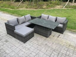Fimous 7 Seater Wicker PE Rattan Garden Furniture Sofa Set Outdoor Adjustable Rising Lifting Dining Table Set in Dark Grey - thumbnail 1
