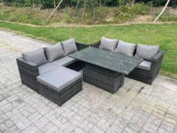 Fimous 7 Seater Wicker PE Rattan Garden Furniture Sofa Set Outdoor Adjustable Rising Lifting Dining Table Set in Dark Grey - thumbnail 2