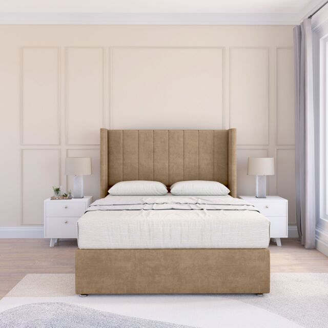 "Sloomy Falcon Naples Wingback Bed Set, No Drawers & 54"" Floor Standing Headboard in Light Brown - Size: Double" - image 1