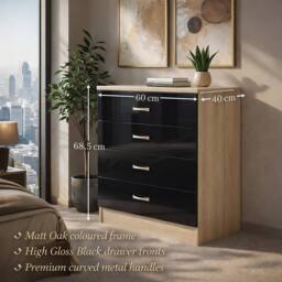 Harmin High Gloss Black on Sonoma Oak 4 Drawer Chest - thumbnail 4