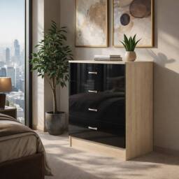 Harmin High Gloss Black on Sonoma Oak 4 Drawer Chest - thumbnail 1