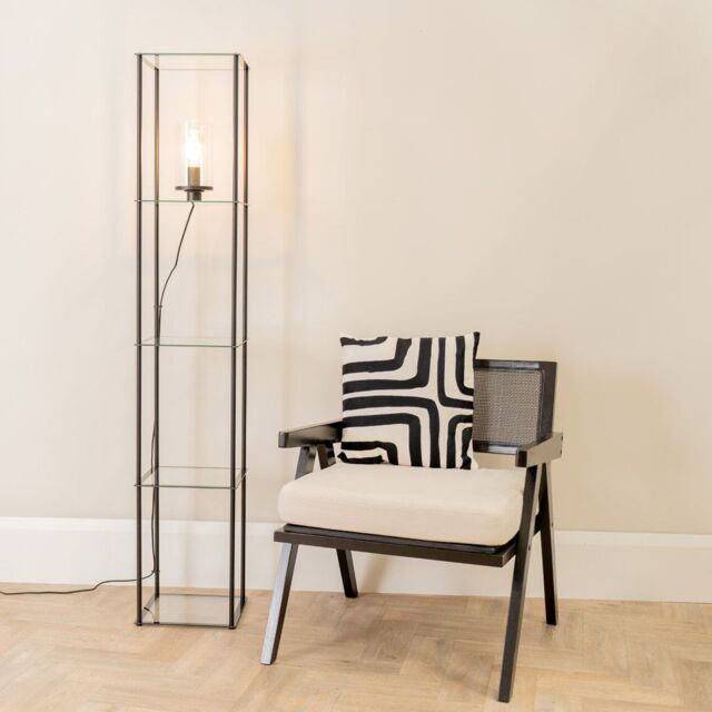 ValueLights Gobie Metal Frame with Glass Storage Shelf Floor Lamp in Black - image 1