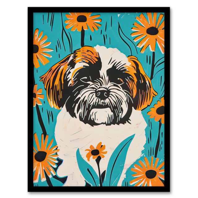 Artery8 Vibrant Shih Tzu Daisy Portrait Dog Lover Floral Framed Wall Art in Blue - Size: A4 - image 1