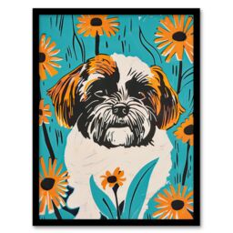 Artery8 Vibrant Shih Tzu Daisy Portrait Dog Lover Floral Framed Wall Art in Blue - Size: A4 - thumbnail 1