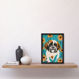 Artery8 Vibrant Shih Tzu Daisy Portrait Dog Lover Floral Framed Wall Art in Blue - Size: A4 - thumbnail 4