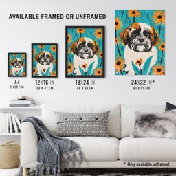 Artery8 Vibrant Shih Tzu Daisy Portrait Dog Lover Floral Framed Wall Art in Blue - Size: A4 - thumbnail 3