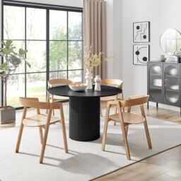 FurnitureboxUK Penrose Black Round Dining Table & 4 Oak Masa Chairs in Light Oak - thumbnail 1