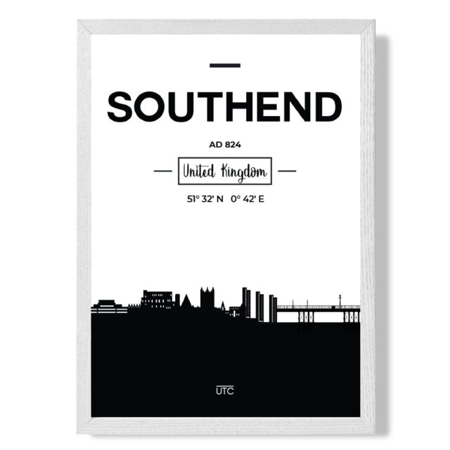 ARTZE Southend Black & White City Skyline Framed Print SIZE: A4 with White Frame - image 1