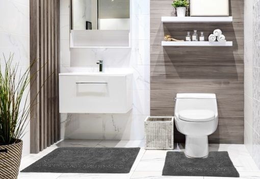 New Edge Blinds Thebes Collection Sparkle Trim 2pc Bathroom Set in Grey - Size: 50 cm x 80 cm