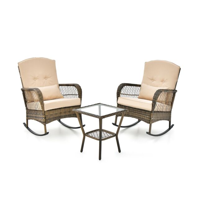 Gymax 3 PCS Outdoor Rocking Chair Set PE Rattan Chairs & Glass Side Table in Beige - Size: 3 Pack - image 1