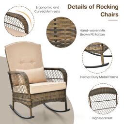 Gymax 3 PCS Outdoor Rocking Chair Set PE Rattan Chairs & Glass Side Table in Beige - Size: 3 Pack - thumbnail 7