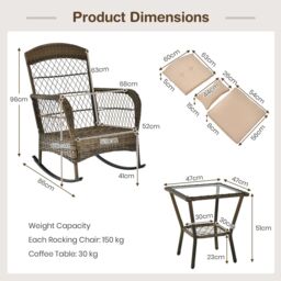 Gymax 3 PCS Outdoor Rocking Chair Set PE Rattan Chairs & Glass Side Table in Beige - Size: 3 Pack - thumbnail 3