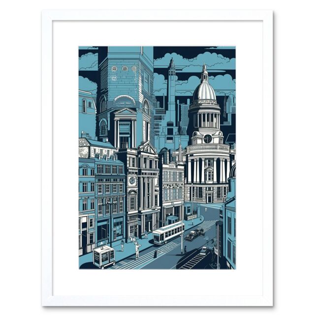 "Artery8 Wall Art Print Belfast Cityscape City Centre Hall Linocut Style Artwork Framed 9X7 Inch in White - Size: W7"" x H9""" - image 1