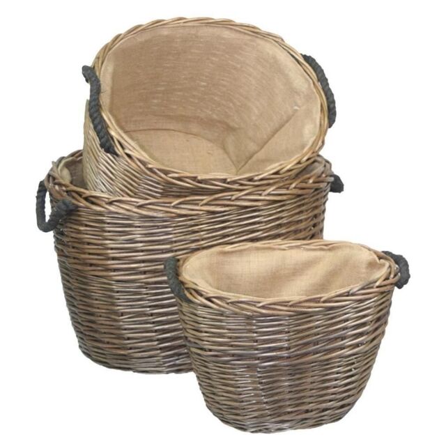 Red Hamper Set 3 Oval Hessian Lined Wicker Log Baskets in Brown - image 1