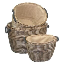 Red Hamper Set 3 Oval Hessian Lined Wicker Log Baskets in Brown
