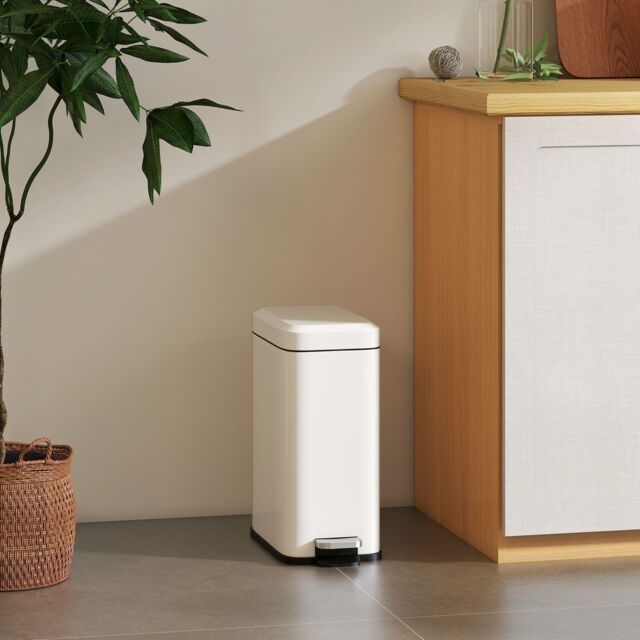 HOMCOM 5L Rectangle Compact Bin Steel Body Inner Bucket Quiet-Close Lid w/Pedal in White - image 1