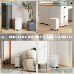 HOMCOM 5L Rectangle Compact Bin Steel Body Inner Bucket Quiet-Close Lid w/Pedal in White - thumbnail 6