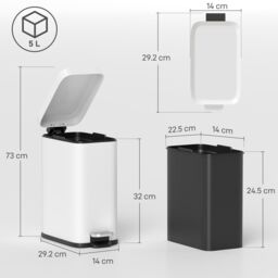 HOMCOM 5L Rectangle Compact Bin Steel Body Inner Bucket Quiet-Close Lid w/Pedal in White - thumbnail 3