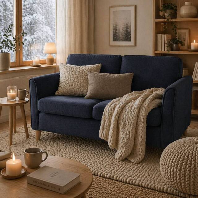 Wyld Haus Dilita Dark Blue Compact 2 Seater Sofa with Wooden Legs & Armrests - image 1