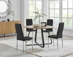 FurnitureboxUK Santorini Brown Wood Contemporary Round Dining Table & 4 Milan Chairs Set in Black