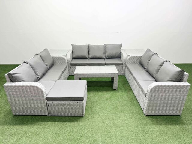 Fimous PE Rattan Lounge Sofa Set 10 Seater Outdoor Garden Furniture Set with Oblong Coffee Table 3 Seater Sofa Big Footstool 2 Side Table Light Grey - image 1