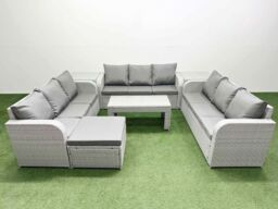 Fimous PE Rattan Lounge Sofa Set 10 Seater Outdoor Garden Furniture Set with Oblong Coffee Table 3 Seater Sofa Big Footstool 2 Side Table Light Grey - thumbnail 1