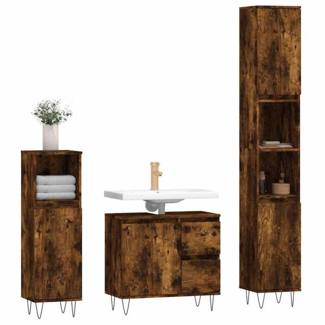 Berkfield Home Modern 3 Piece Bathroom Furniture Set Smoked Oak Engineered Wood in Brown - image 1