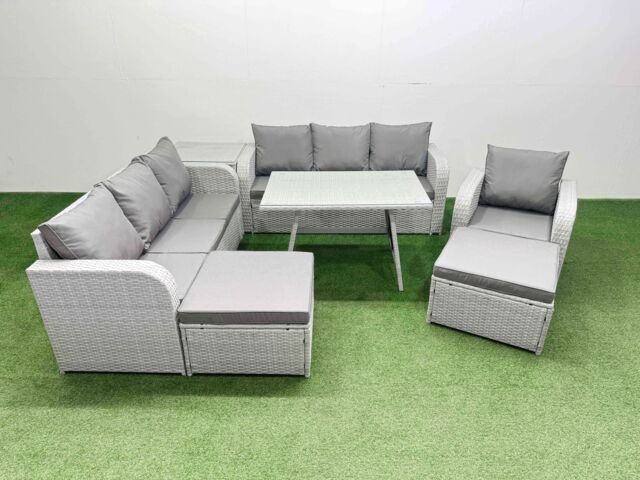 Fimous 7 Pieces Outdoor PE Rattan Garden Furniture with Side Table Big Stools in Light Grey - image 1