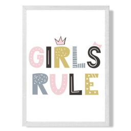 ARTZE Cute Girls Rule Scandi Quote Framed Print SIZE: A2 with White Frame in Pink - Size: A4