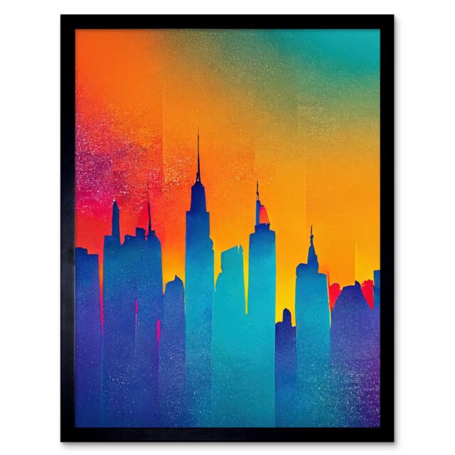 "Artery8 Wall Art Print Modern Abstract Warm Bright Colourful New York Sunset Skyline Art Framed in Black - Size: W12"" x H16""" - image 1
