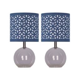 First Choice Lighting Set of 2 Buck - Clear Glass Table Lamps with Navy Blue Cut Out Shade - thumbnail 1