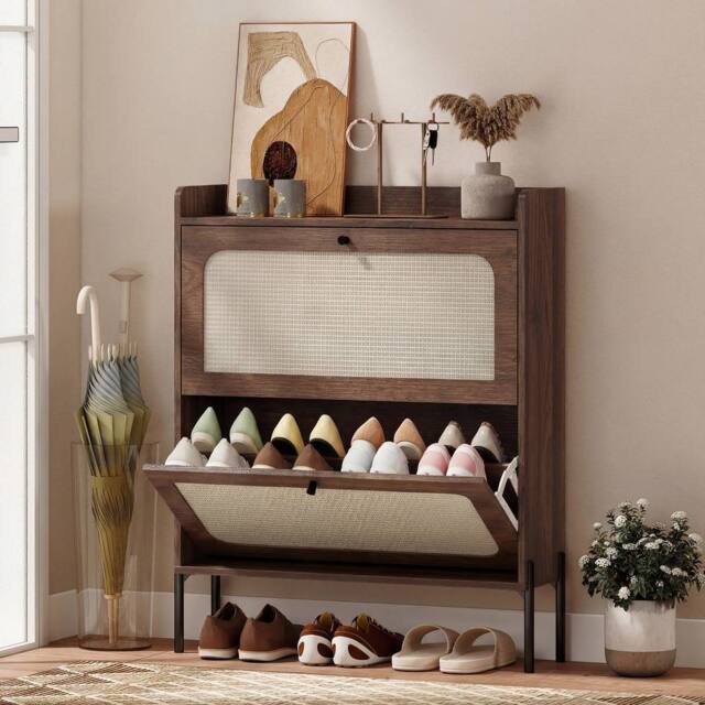 HOMCOM Boho Narrow Shoe Cabinet, Shoe Rack with 2 Flip Drawers in Dark Brown - image 1