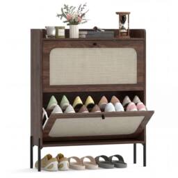 HOMCOM Boho Narrow Shoe Cabinet, Shoe Rack with 2 Flip Drawers in Dark Brown - thumbnail 2
