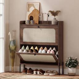 HOMCOM Boho Narrow Shoe Cabinet, Shoe Rack with 2 Flip Drawers in Dark Brown - thumbnail 1